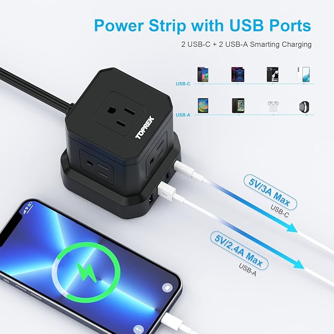 Power Strip with USB, USB C (3.0A) Power Strip with 5 Outlets, 2 USB-C & 2 USB-A, 5 FT Flat Extension Cord with Ultra Thin Flat Plug, Surge Protector Compact for Home Office, Dorm, Hotel Travel