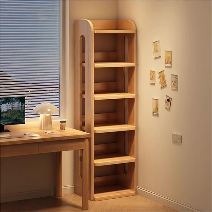 Wooden Bookshelf Stand Narrow Corner Storage Rack with Raised Guardrails and Multi-Layer Shelves for Home Office,Ideal for Home