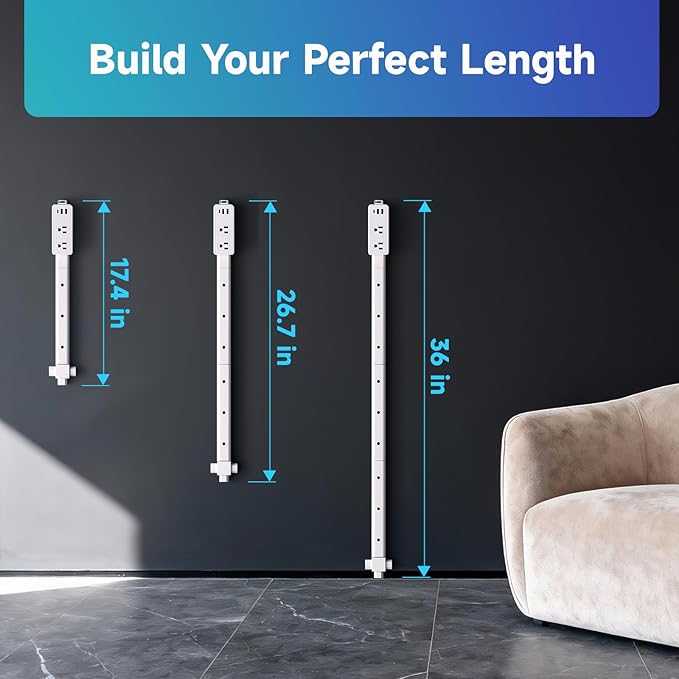 Electrical Outlet Extender Stick -Modular Expandable Wall Outlet Extender with 2 AC Outlets and 3 USB Ports (2 USB-A+1 USB-C)，Adjustable Length for Behind Sofa Behind Furniture Nightstand Desk
