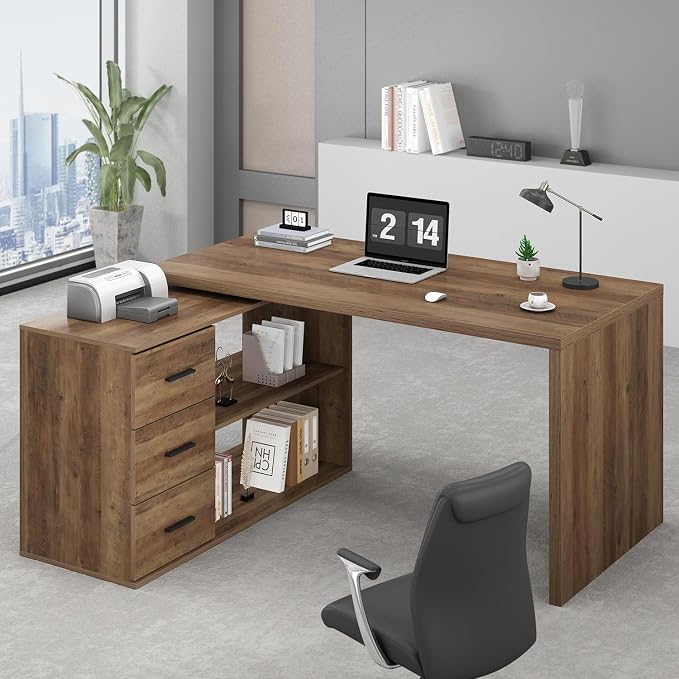HSH L Shaped Desk with Storage Drawers Shelves, Large Corner Computer Table in Home Office, Industrial Wood Desk for Executive Writing Work Study, Rustic Oak, 55 Inch