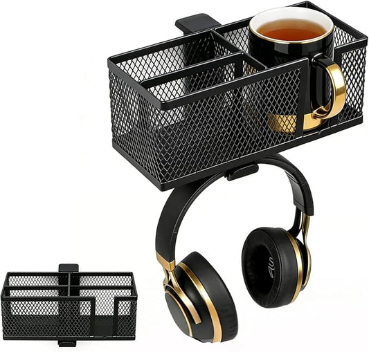 Multifunctional Clamp On Cup Holder & Desk Organizer, Space-Saving Desk Cup Holder with Headphone Hook for Office, Home - Holds Drinks, Phone, Stationery
