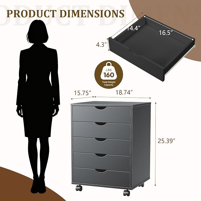 5 Drawer Mobile File Cabinet Under Desk Storage Organization with Wheels Vertical Filing Chest Rolling Wood Small Desk Printer Stand for Home Office, Black