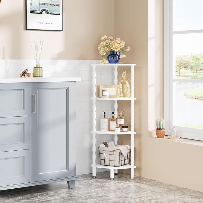 IBUYKE 4-Tier Corner Shelf,Stylish Corner Bookshelf for Small Spaces,Industrial Corner Storage Display Shelves,Small Corner Table for Bedroom,Bathroom,Kitchen, White WBC019W