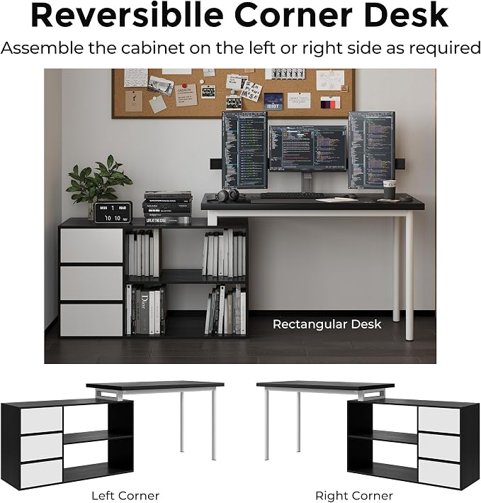 Mekminop L Shape Computer Desk with 3 Drawers and 2 Shelves, Home Office Desk Corner Small Desk with Storage Cabinet for Writing Study Executive – Black and White