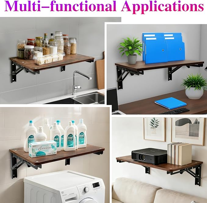 Wooden Folding Shelf Wall Mounted for Small Space, Wall Table for Living Room Bedroom Decor, Home Office Floating Fold Down Desk, Media Shelves with Heavy-Duty Brackets Holds Up to 30lbs, 21.6"*11.8"