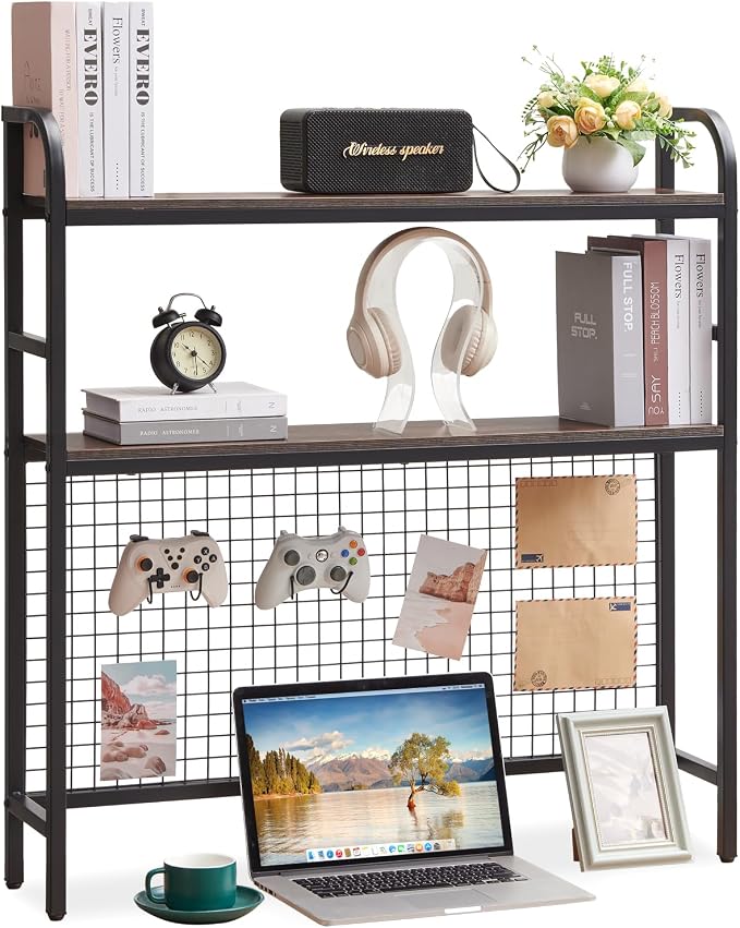 Desktop Hutch Shelf Organizer, 2-Tier Metal & MDF Desk Bookshelf with Grid Panel and Hooks for Office & Dorm (Rustic Brown, 36.8")