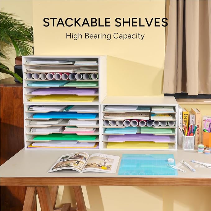 Yumkfoi 12x18 Construction Paper Organizer, Larger Size Wooden Literature Organizer, 6-Tier Desktop File Organizer for Home and Classroom, Adjustable Paper Sorter for Office