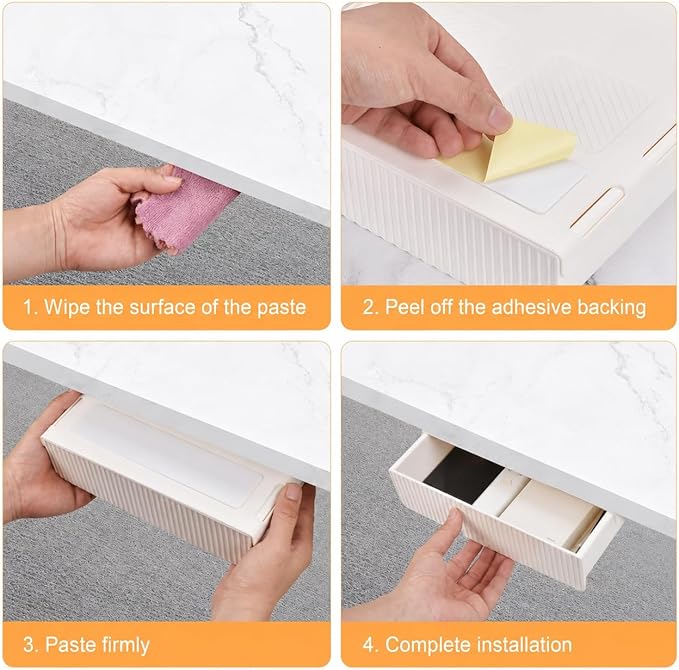 YOOUSOO Under Desk Drawer Organizer, 2 Pack Self Adhesive Slide Out Desk Storage Drawers, Hidden Desk Drawer Attachment for Pens, Notes, Earbuds, Cables and Small Office Accessories, White