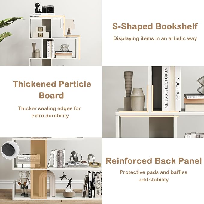5 Tier Geometric Bookshelf, S-Shaped Z Shelf Bookshelves and Bookcases, Modern Decorative Storage Shelving, Wooden Display Bookcase for Living Room Home Office (White)