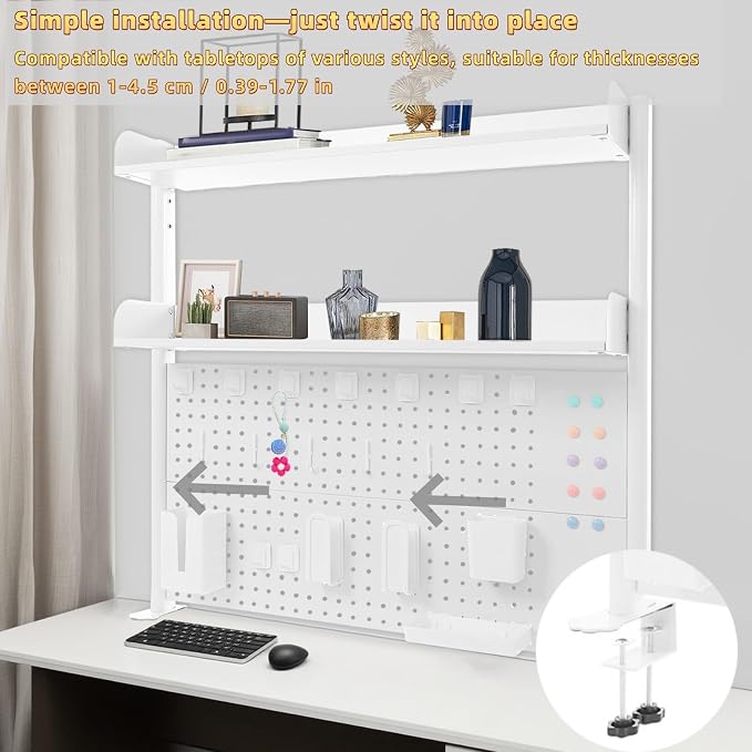 Clamp on Desk Pegboard, 39.4" W x 37.4" H Desk Extender Pegboard Bookshelf Computer Desk Accessories with Shelf for Tool Organizer Office, Privacy Panel for Gaming Desk, White