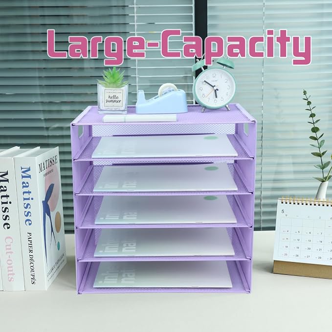 5 Tier Lettrer Tray Organizer, Metal Mesh Desk File Organizer with Sliding Trays, Paper Sorter Desk Organizer for Home Office School, Purple