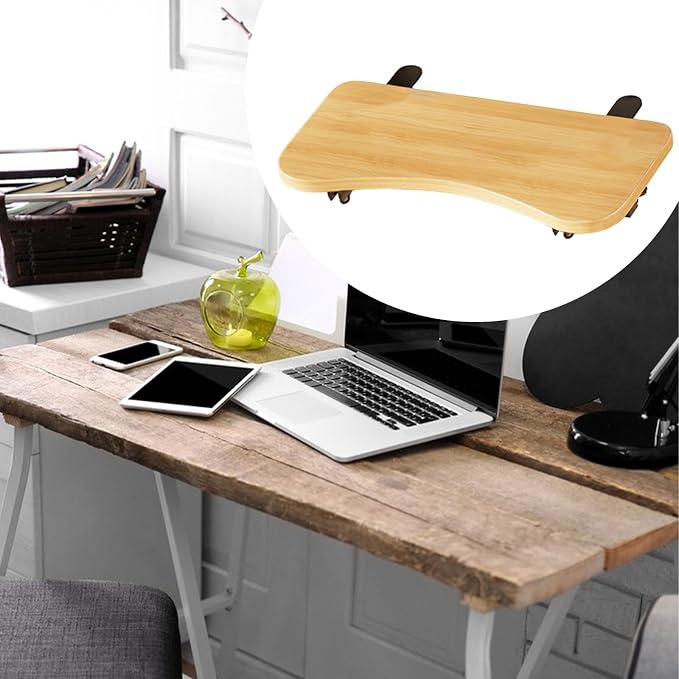 HouseVibe Desk Extension Tray Side Table Workstation Organizer Multifunctional Foldable Space Saving Table Arm Rest Clamp on Desk Shelf Wood 2 Clamp 52cmx24cm
