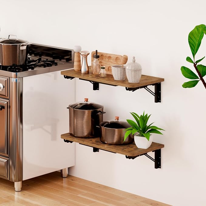 TEAMIX Wall Mounted Folding Table, Rustic Brown Floating Wall Desk for Small Spaces, Drop Leaf Dining Table for Kitchen Fold Down Laundry Shelf with Heavy-Duty Brackets