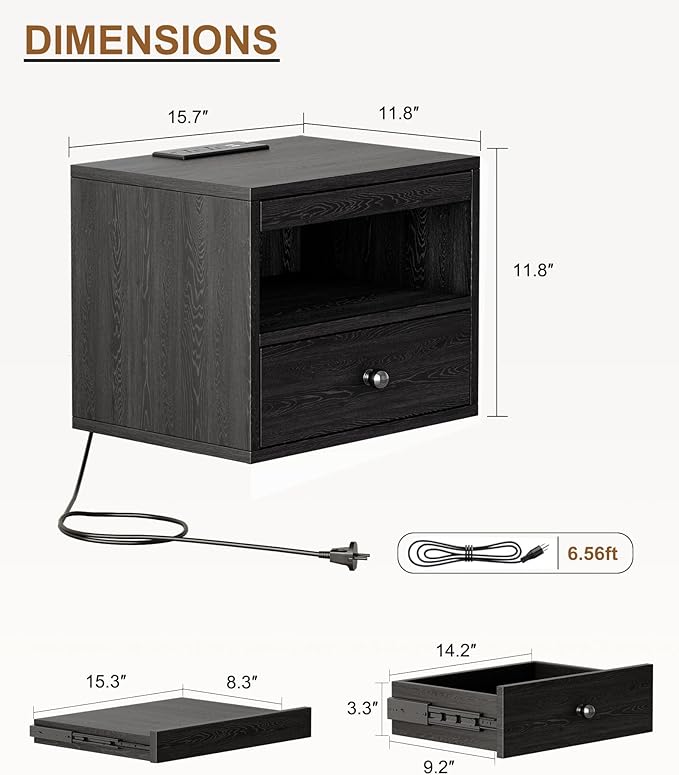 Floating Nightstand with Charging Station,Modern Bedside Table with Drawers and Extension Panel, Small Wall Mounted Nightstands for Bedroom Room，Floating Sofa Side Table（ Black ）