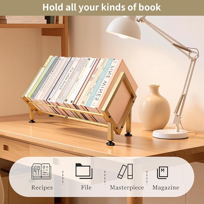Expandable Desktop Bookshelf Organizer, Small Tabletop Book Storage Rack, Portable Mini Bookcase for Books/CDs/Magazine Display, Desk Shelf for Top of Desk in Living Room, Office, Home Decor (Gold)