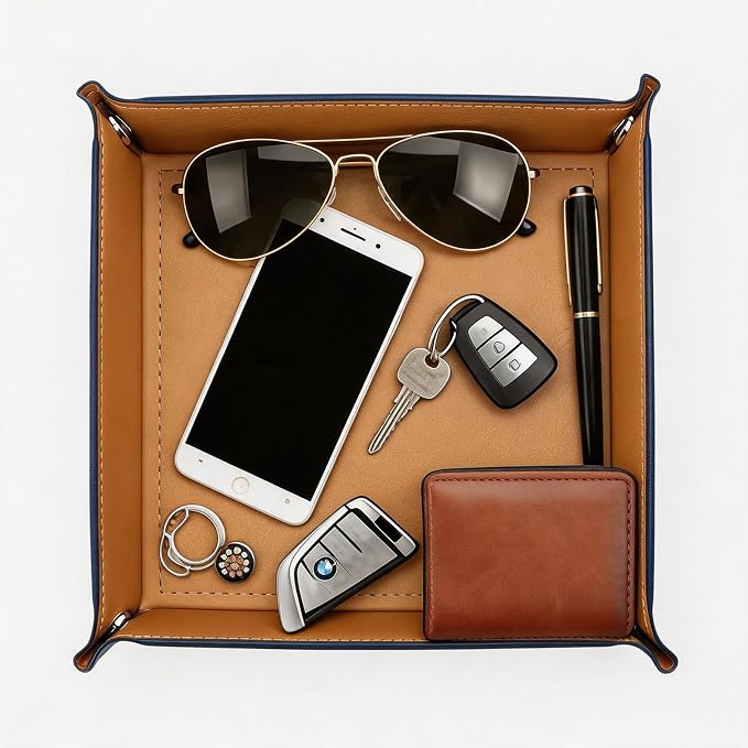 Valet Tray Desktop Storage Organizer, Vegan Leather Catchall Tray Bedside Vanity Tray Nightstand Caddy Holder for Remote Controller, Watch, Keys, Phone, Wallet, Sunglasses, Jewelry, Khaki