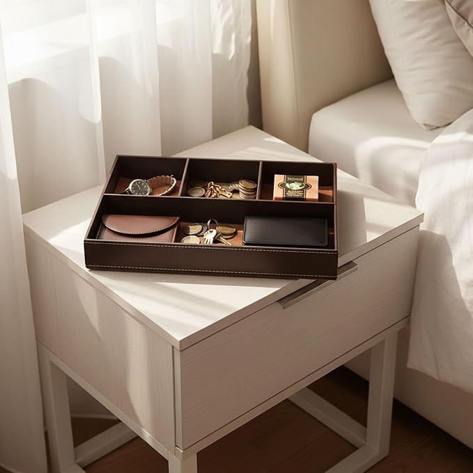 Leather Valet Tray Organizer, Stackable Nightstand & Dresser Storage Tray, Entryway Desk Catchall Tray for Keys Wallet Watch Phone, Bedside Desktop PU Leather Drawer Caddy Tray - Brown