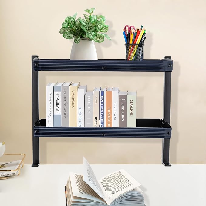 16 inch Clamp on Desk Shelf, 2 Tier Shelving Unit Above or Below Desk, Desk Extension Organizer, Modern Desktop Display Shelf for Desktop Accessories, Office Organization