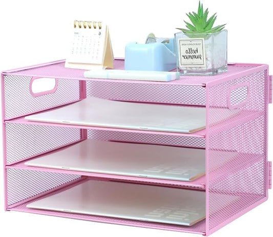 3 Tier Lettrer Tray Organizer, Metal Mesh Desk File Organizer with Sliding Trays, Paper Sorter Desk Organizer for Home Office School, Pink
