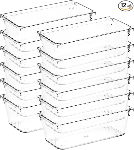 12 Pack Drawer Organizer - 3" X 6" Clear Acrylic Storage Bins with Non-Slip Pads, Versatile Desk Tray for Makeup, Jewelry, Kitchen, Bathroom, and Office Organization