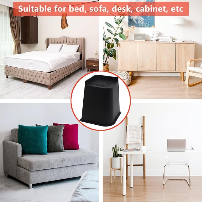 Bed Risers 8 inch Heavy Duty, 4 Pack Oversized Furniture Risers, Black Bed Lifts Risers for Table, Sofa, Chair, Couch, Desk, Bed Frame Risers Supports Up to 6,500 Lbs