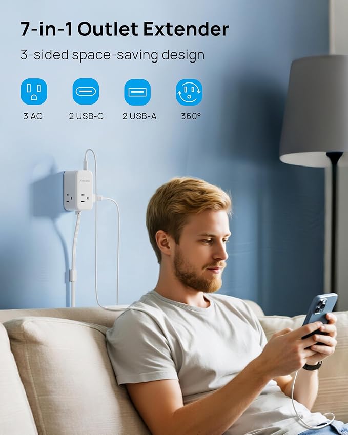 TROND Electrical Outlet Extender 360° Rotating Plug with 20W USB C, 10ft Extension Cord, Wall Plug Adapter with 3 AC Outlets, Access Hard-to-Reach Outlets Use Behind Couches, Desk, White
