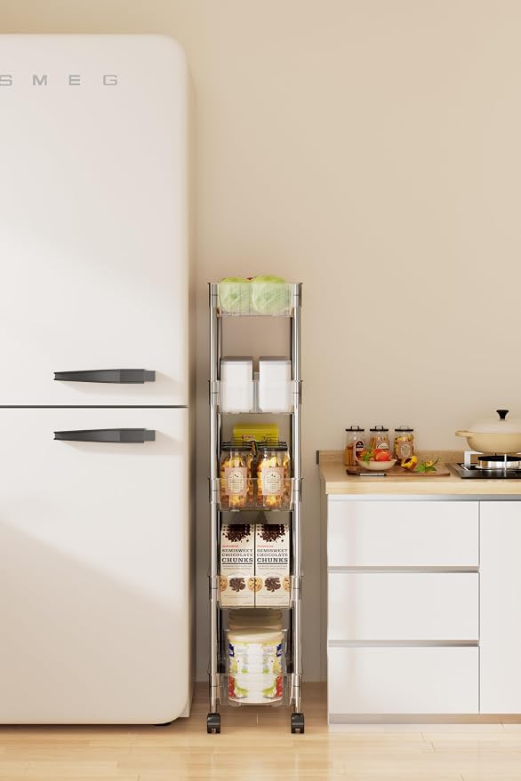 Sooyee Clear 4 Tier Slim Storage Cart,Rolling Storage Cart,Narrow Shelf,Bathroom Rack,Mobile Shelving Unit Organizer for Kitchen, Bathroom, Laundry Room