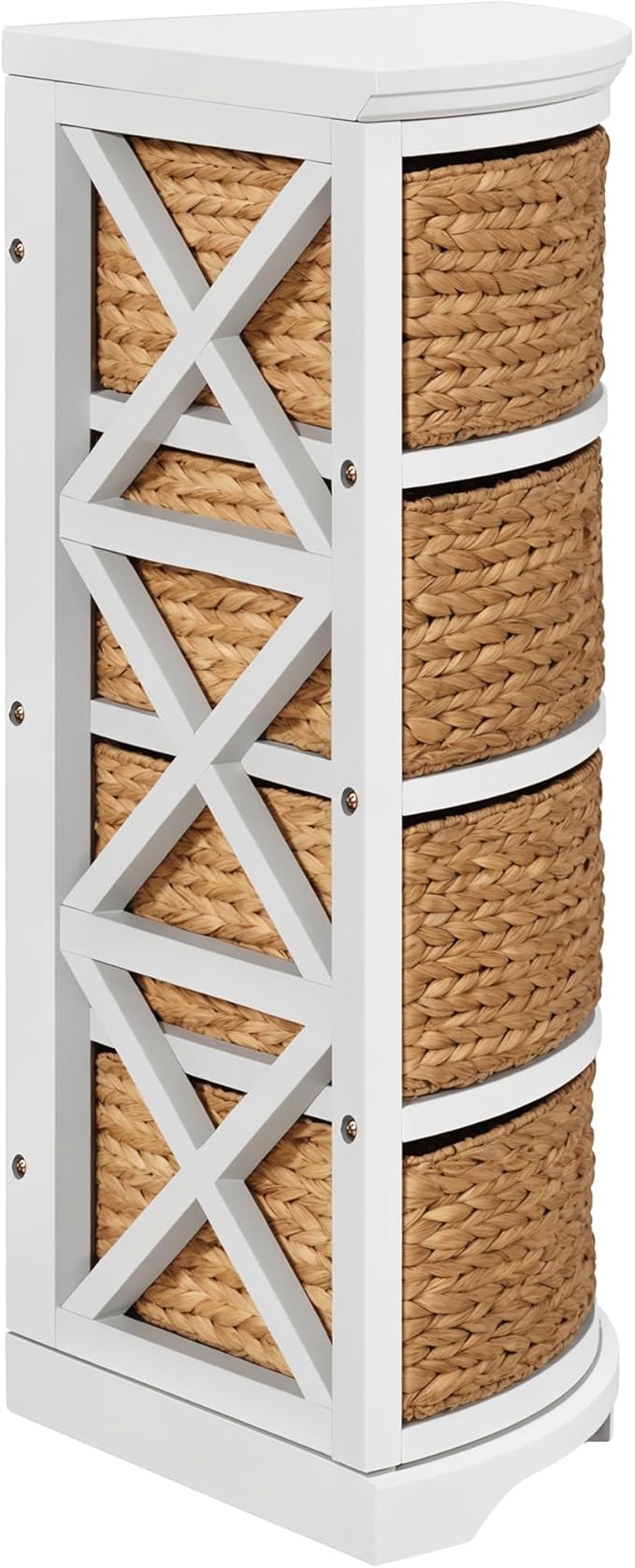 eHemco Hampton Meadows 4 Tier X-Side Corner Table Storage Cabinet with 4 Wicker Baskets, White