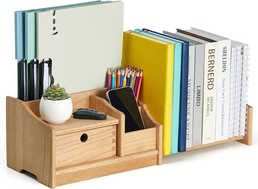 KIRIGEN Desktop Bookshelf Organizer with Drawer, Expandable Wood Desk Shelf, Fully Assembled Book Rack for Office Supplies, Files and Notebooks, Brown, 12.24 to 22.7 in Adjustable Width, SSSJ-S-NA