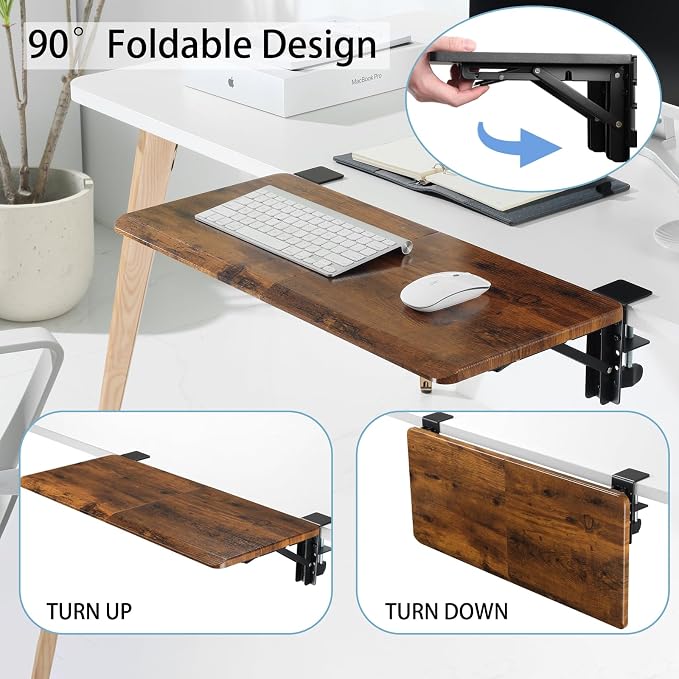 ETHU Ergonomics Desk Extender Tray, 25.6"x11.4" Large Size Foldable Keyboard Extender Tray Clamp On, Armrest Support for Home and Office (Wood)