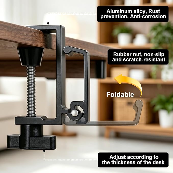 2PCS Foldable Headset Holder, Headphone Stand for Desk with Heavy Duty Aluminum Alloy, Adjustable Desk Clamp Holds Up to 22 lbs, Space Saving Headphone Hanger for desk office, Headphone Accessories