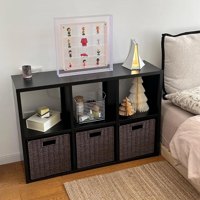 IRONMIX Metal 6 Cube Storage Organizer with 2 Storage Basket, Short Black Bookshelf with Storage, 2 Tier Horizontal Bookshelf Open Bookcase Cube Shelf for Home Office Library (Black, 1037 with Basket)
