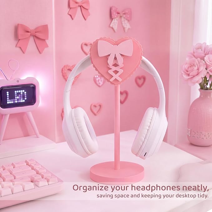 Kingdder Pink Heart Bow Headphone Stand Cute Wood Headphone Stand Adorable Headset Holder Accessories Gamer Gifts for Teenage Women Teacher Girlfriend Office Worker Wife Gamer Room Office Desk