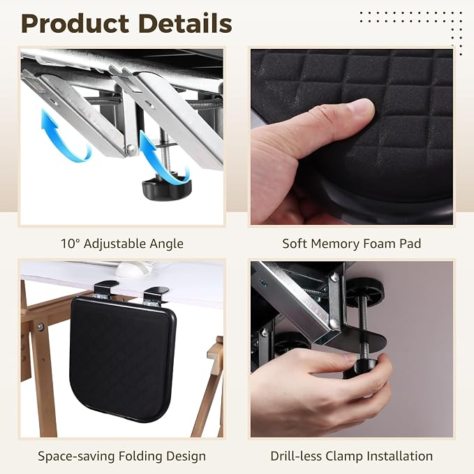 Ergonomic Arm Rest for Desk, 90° Folding Armrest Extension with Soft Memory Foam Pad, No-Drill Clamp Installation, Adjustable Elbow Support Computer Desk Extender for Home, Office