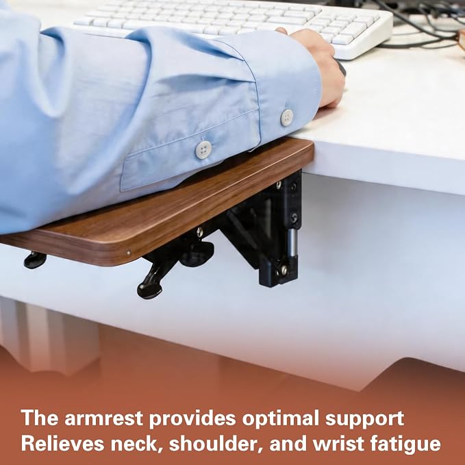 Ergonomic Desk Extender Tray, 9.8" x 6.9" Computer Elbow Arm Rest for Desk, 90° Foldable Table Mount Mouse Support, Clamp On Keyboard Tray for Office and Home Use, Walnut