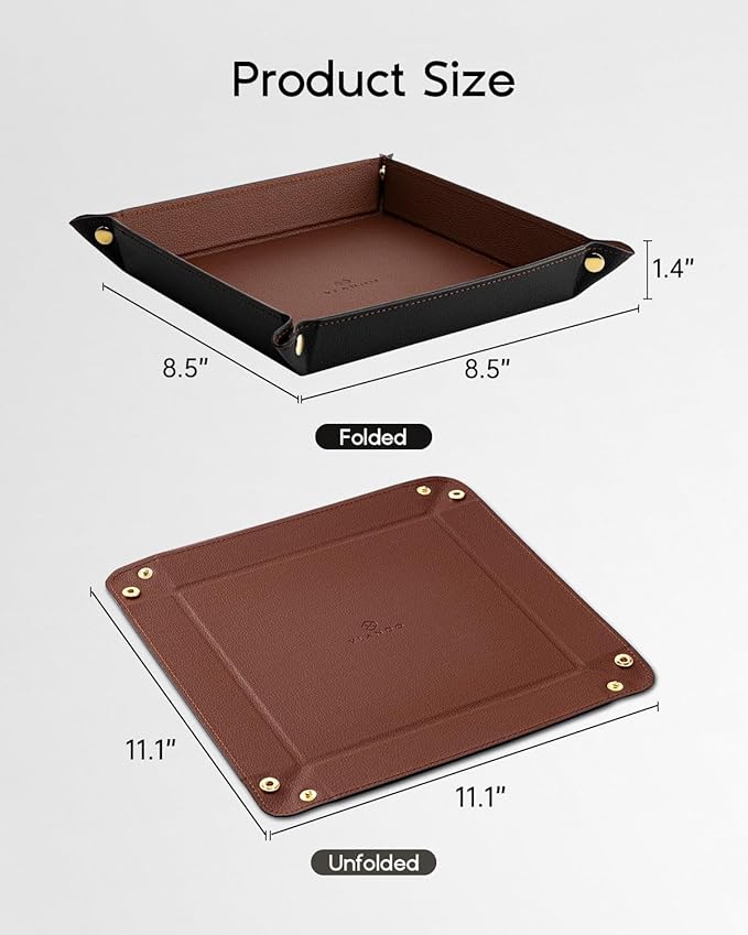 VLANDO Valet Tray Organizer, PU Leather Catchall Tray for Home | Large PU leather tray for keys, wallet, watch, coins and jewelry on nightstands, dressers or entryway tables