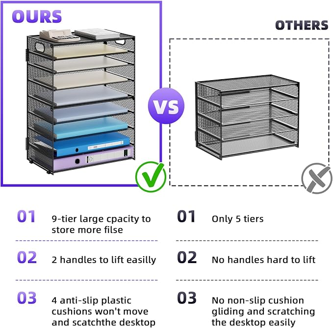 Marbrasse Paper Organizer Letter Tray, 9 Tier Mesh File Organizer with Handle, Paper Sorter Desk Organizer for Home Office Supplies