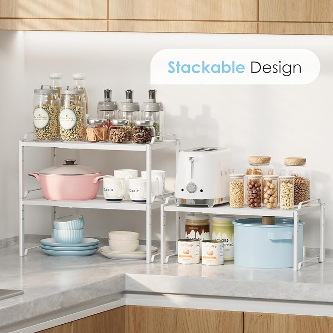 2 Pack 11” Depth Expandable Kitchen Cabinet Organizer Shelves, Heavy Duty Kitchen Countertop Organizers and Storage Rack, Stackable Metal Small Storage Shelf For Pantry Counter Cupboard Organization