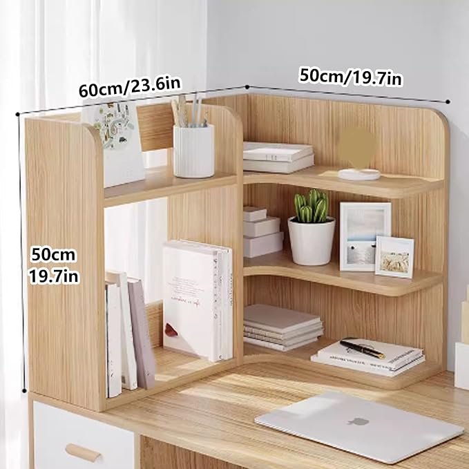 Corner Desk Shelf Organizer – 3-Tier Wooden Desktop Bookshelf, Freestanding Display Rack for Home Office, Dorm, American Style Storage Shelf(White,60x50cm/23.6x19.7in)
