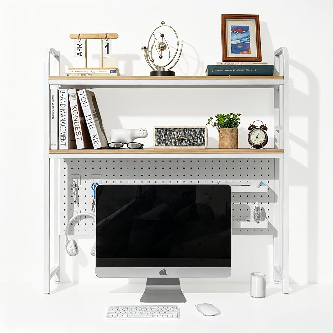 deli Desktop Shelf, Desk Hutch with Grid Panel, Desktop 2-Tier Display Rack, Multipurpose Metal Desktop Bookshelf Storage Organizer, White