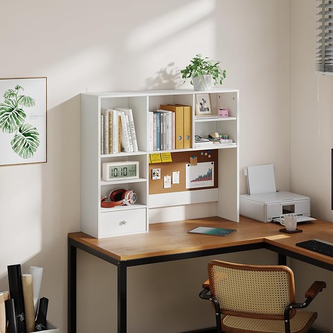 White Desk Hutch with Cork Board for Photos and Reminders, Dorm Desk Hutch with Drawers and Shelves, Desktop Bookshelf for College Dorm, Student Bedroom, Compact Study Spaces