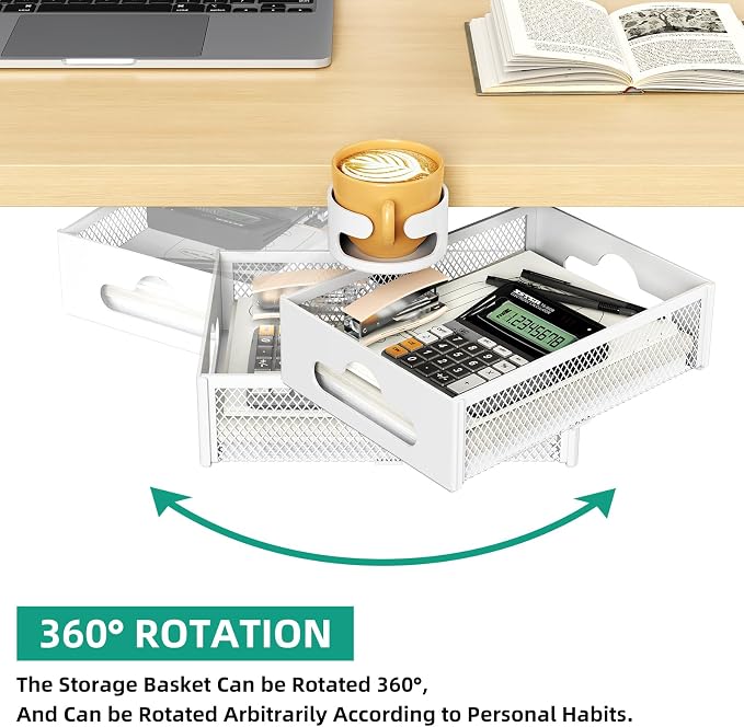 CABTE Desk Cup Holder with Drawer Organizer, Anti-Spill Clip-On Table Cup Hook with 360° Rotation Hidden Storage Box for Office Home Gaming Table (White)