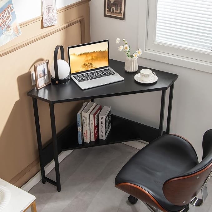 GOFLAME Corner Desk with Power Outlet, Triangle Computer Desk for Small Space, Space-Saving Writing Desk with Storage Shelf and Charging Station, Modern Laptop PC Desk for Home Office, Black
