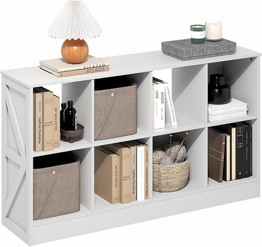 Furinno Jensen Book Shelf, 8-Cube Farmhouse Bookshelf, Display Bookcase, 11.8 x 47.6 x 26.8, for Living Room, Bedroom, Home Office, White