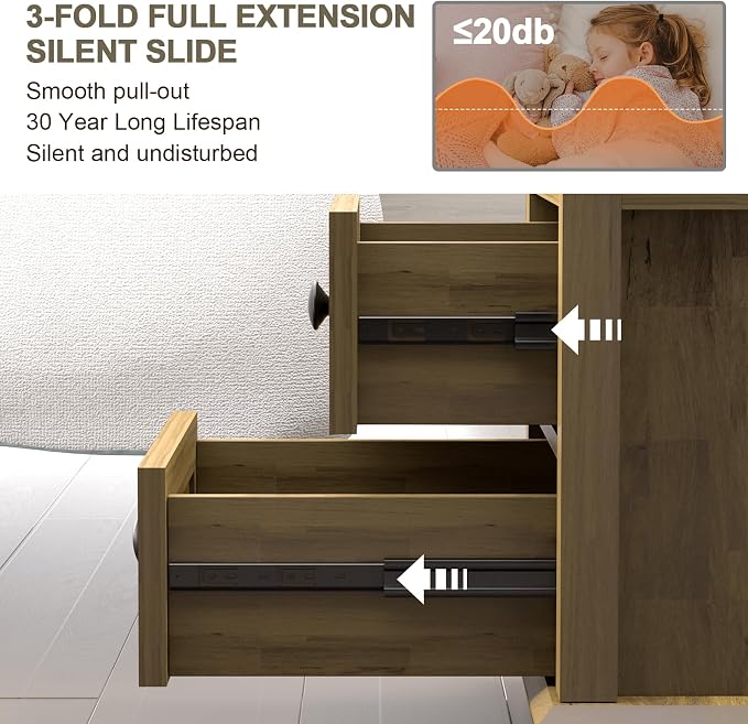 REDAYFUR 18" Wide End Table with Charging Station Set of 2, Fast Charge End Table Set of 2, Large 18” Bedside Table with Drawers, Storage Cabinet with Open Shelf for Bedroom, Natural