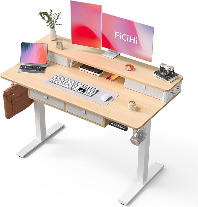 FiCiHi Electric Standing Desk with Four Drawers, 48 x 24 Inch Adjustable Height Sit Stand Desk, C-Clamp Compatible Home Office Desk with Storage Shelf & Monitor Stand Riser, Maple