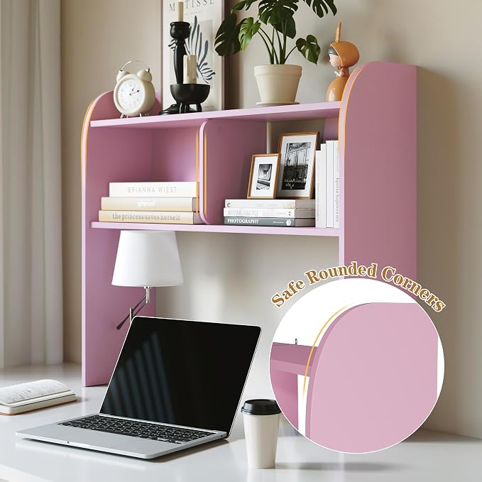 Wooden Desktop Bookshelf 37", 3-Tier Rounded-Edge Desk Storage Organizer, Space-Saving Countertop Shelf for Office Dorm Home, Pink