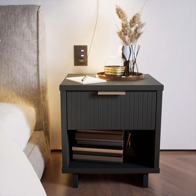 Manhattan Comfort Granville Modern Nightstand 1.0 with 1 Full Extension Drawer, Sled Legs, and Gold Accent Metal Handle, Bedside End Table for Bedroom or Living Room in Dark Grey