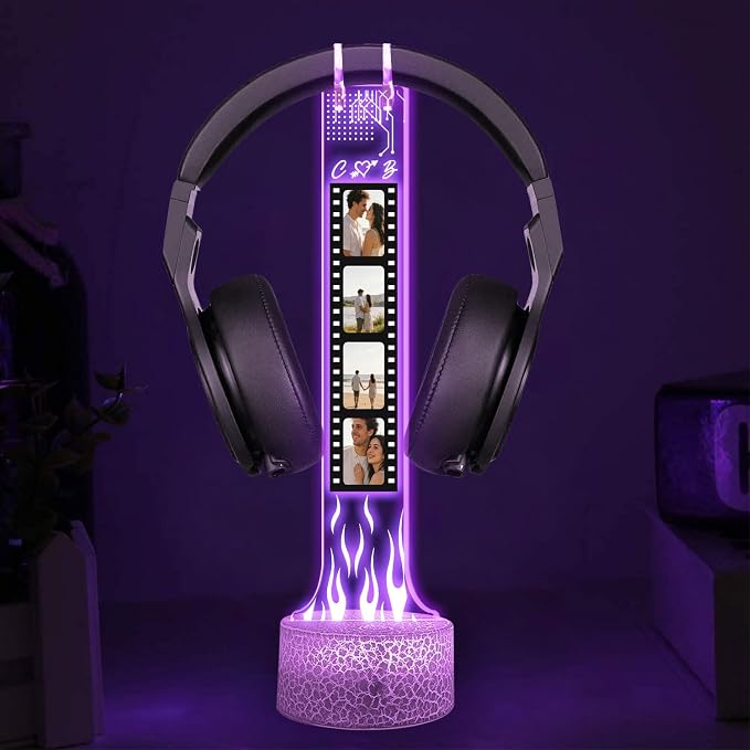 Personalized RGB LED Headphone, Custom Couple Photo Headset Holder, Gaming Decor Gift for Boyfriend, Valentines Day Gift for Him, Custom Couple Gifts, Gifts for Gamers, Photo Headphone