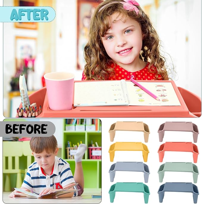 Beeveer 8 Pcs Kids Lap Desk Tray Bulk 19.7x9.6x7.1in Portable Lap Tray for Kids Plastic Table with Side Storage Space for Bed Classroom Laptop Children Car Activity Eating Floor (Colorful)